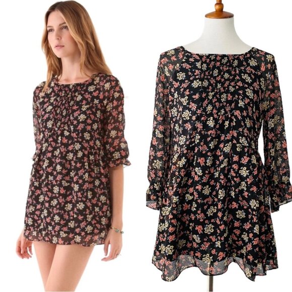 Free People Floral Crepe Molly A-line Mini Dress Cottage Goth - Picture 1 of 7